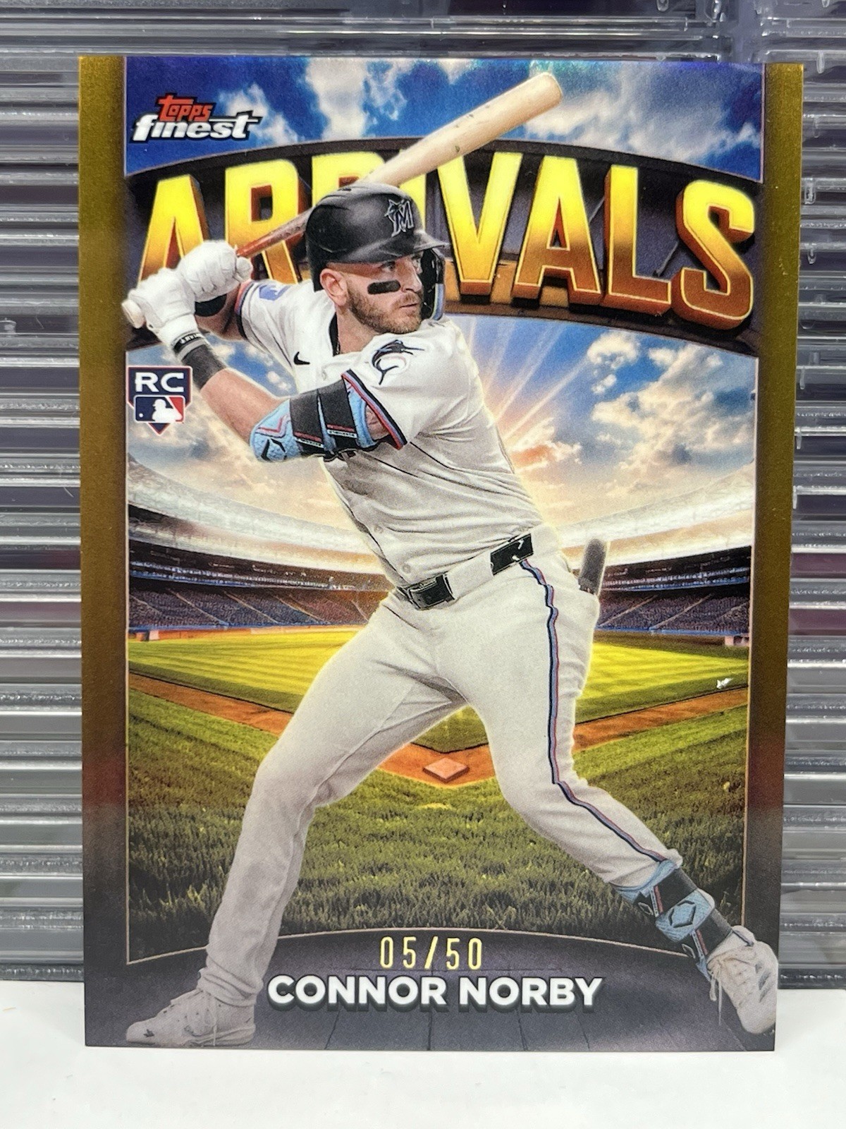2025 Topps Finest #A17 Connor Norby RC Arrivals Gold Refractor /50 Miami Marlins
