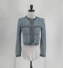 Veronica Beard Arrowe Braided Light Blue Chambray Denim Cropped Jacket Sz 0