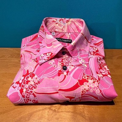 DOLCE & GABBANA Men Pink Red Flower Pattern Shirt Size 40 Made in Italy #QY2KPN