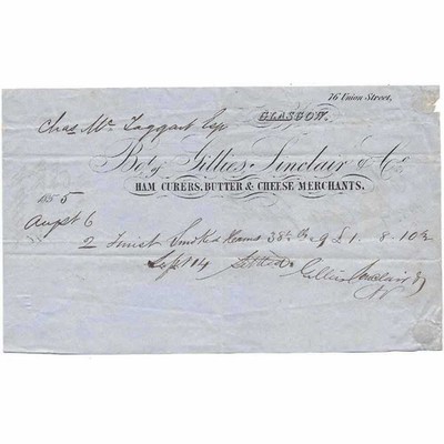 1855 Billhead, Gillies, Sinclair & Co Butter & Cheese Merchants Union St GLASGOW