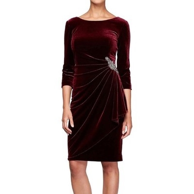 NWT Alex Evenings Womens Burgundy Velvet Ruched 3/4 Sleeve Sheath Dress Size 12