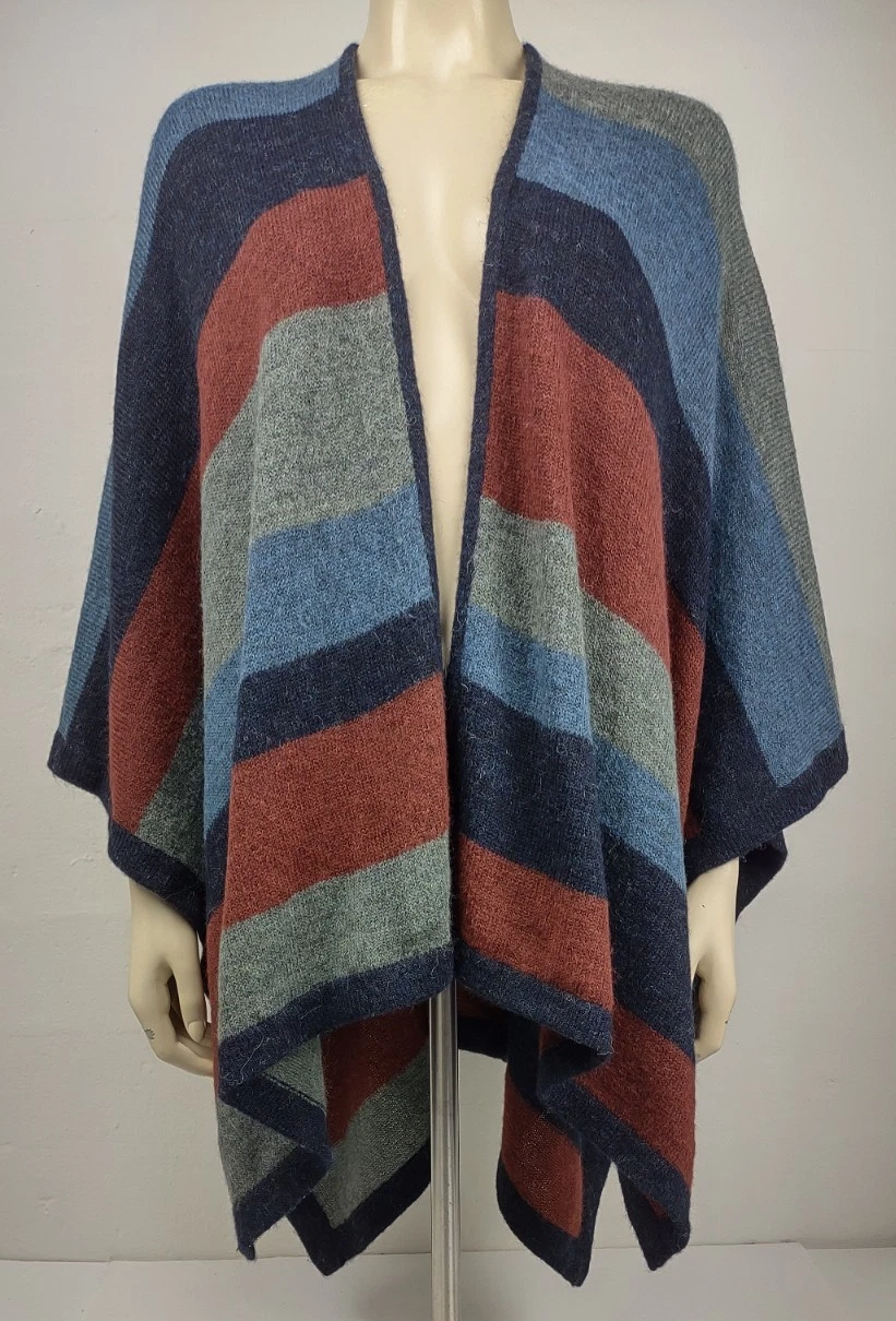 Peruvian Connection blue brown gray striped Alpaca blend poncho sweater OSFA