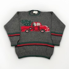 Molly Goggles Kids Gray Red Truck Christmas Tree Hand Knit Sweater Size 12-14