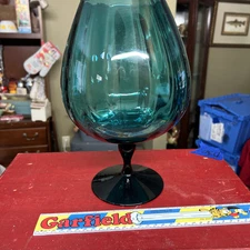 879 -  MCM Teal Blue Art Glass Brandy Snifter  w/Scalloped Pattern
