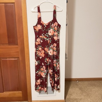 Full Circle Trends Floral Jumpsuit L Burgundy Sleeveless Wide Leg Boho Romper 