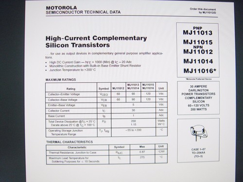 MJ11015 POWER Darlington Transistor si PNP 120V 30A 200W hFE:1000 TO3 #21-434 - Picture 3 of 5