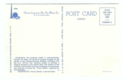 Communication Building New York World's Fair 1939 Vintage Postcard - Picture 2 of 2
