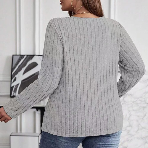 Plus Size Women Solid V-Neck Long Sleeve Top Casual Knit Blouse T-Shirt Pullover - Picture 8 of 21