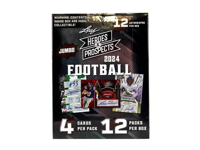 2024 Leaf Heroes & Prospects Football Hobby Jumbo Box 12 Autos Per Box