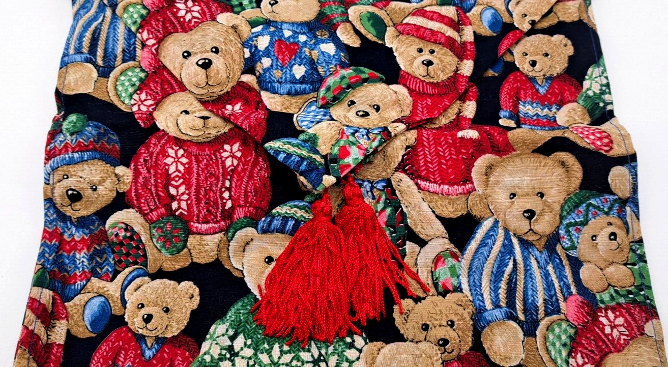 Table or Dresser Runner + Tassels Teddy Bears in Colorful Sweaters Caps 70"X13"
