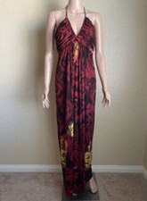 Alice + Olivia Silk V-Neck Halter Top Maxi Dress Red Orange Roses Size Small