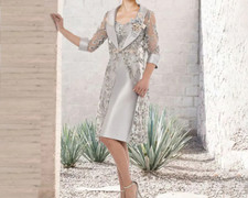 2Piece Wedding Guest Gowns Jacket Knee Length Satin Mother Of The Bride Dress