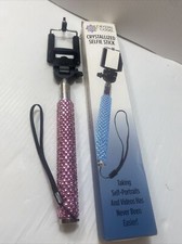 Handheld Monopod Selfie Stick  Phone Clip Holder Telescoping Pink Crystal Gems