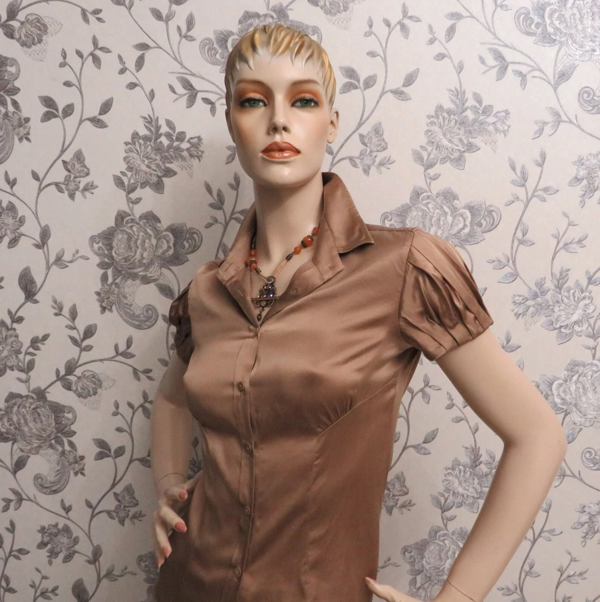 NARA CAMICIE 2 S Italian Brand Gold Brown Silk Stretch Top Excellent Condition