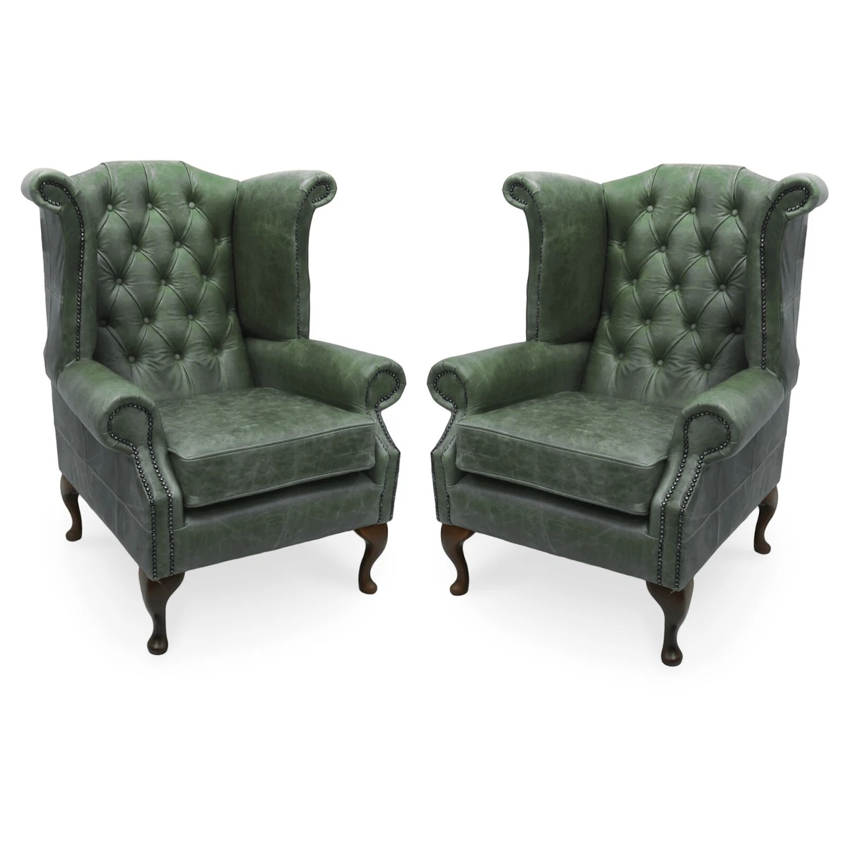 Pair of Chesterfield Queen Anne High Back Wing Chairs in Vintage