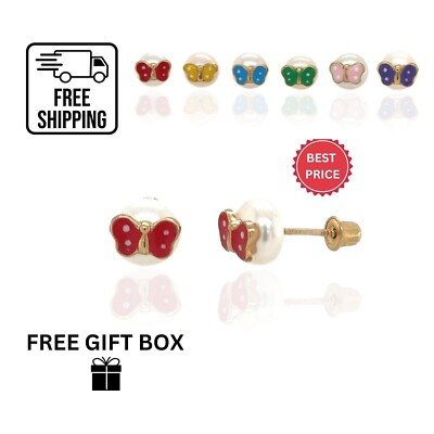 14K Gold Emaille Schmetterling Perle Ohrstecker Schraubverschluss Kinder Baby Geschenk
