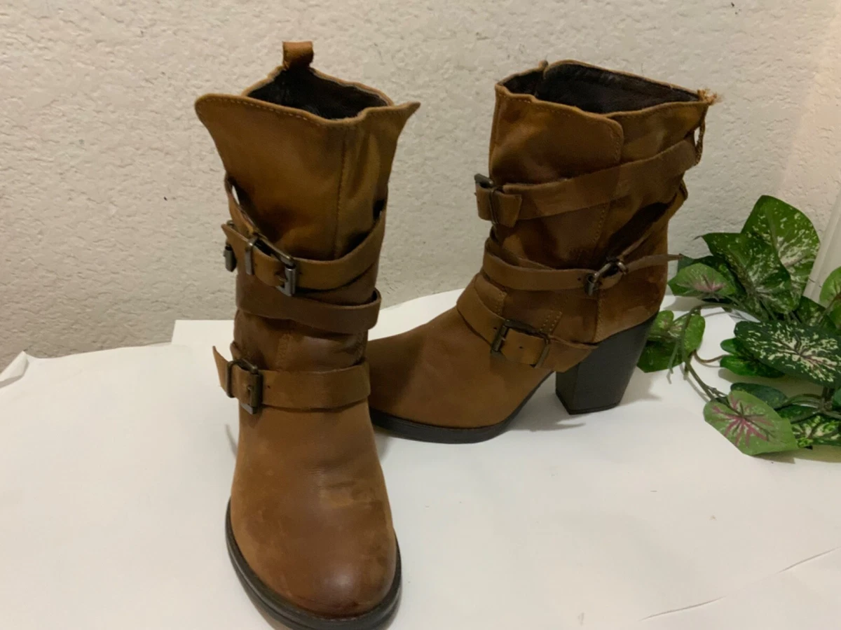 Steve Madden Yale Cognac Brown Leather Buckle Strap Boots Women