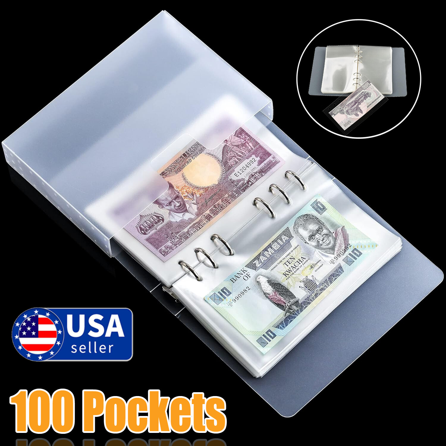 100 Pockets Dollar Bill Holders w/Storage Album Sleeves Protector Bag for Bills