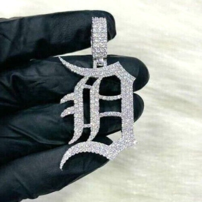 MENS 2'' D/VVS Moissanite Initial ''D'' Old English Letter Charm Pendant 925 Silver