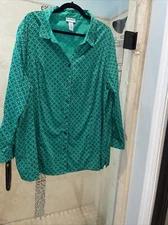 CATHERINES Blouse Size 3X Green Trellis Print  Long Sleeves Cotton Stretch