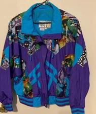 Vtg East/West 80’s/90’s Retro Windbreaker Jacket Wm Sz L Nylon Shoulder Pads