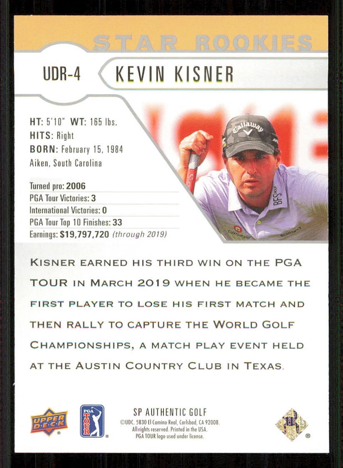 2021 SP Authentic Upper Deck Star Rookies #UDR4 Kevin Kisner - Image 2 of 2