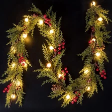 Christmas Garland with 20 Globe Lights, 2 Pack 5.7FT Artificial Red Berry Garlan