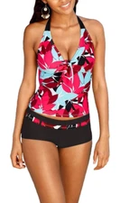 Womens Size Medium Tropical Floral Printed Tankini w Boyshorts Halter Swim Set