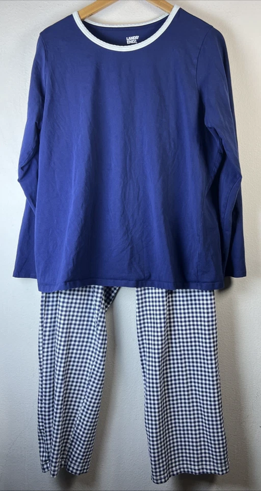 Lands End 1X Conjunto de Pijama Mujer XL Manga Larga Pullover Elástico Azul Cuadros 16 18w Foto 2 de 4