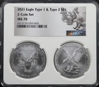 2021 Type 1 & Type 2 American Silver Eagle 2 Coin Set NGC MS-70