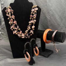 Boho Wood Jewelry Set Necklace Wooden Hoop Earrings Leather Bracelets