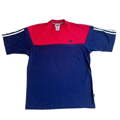 Adidas T-Shirt Herren XL Blau Rot 90er Retro Three Stripes Baumwolle Poly