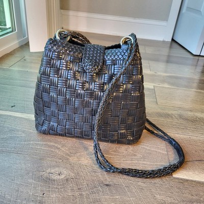 Vintage CEM Black Woven Leather Boho Crossbody Bag Braided Strap Vintage Handbag