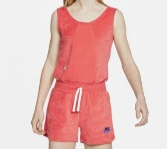 NIKE SPORTSWEAR Big Girls Heritage Romper Sz L Red Blue Embroidered Logo Terry