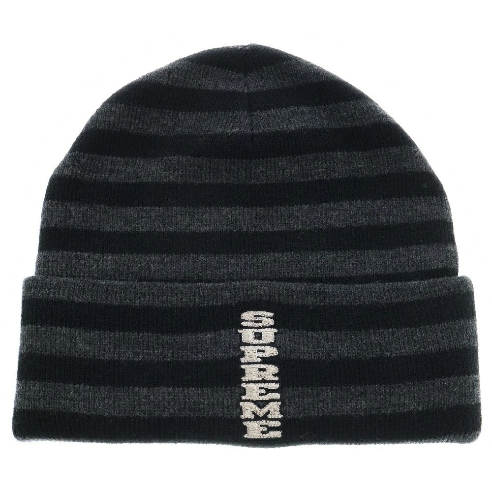 Bonnet rayé logo vertical Supreme 16Aw tricot bordure noire AC740
