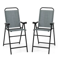Patio Folding Bar Stool Set of 2 with Metal Frame and Footrest-Blue - Color: Blu