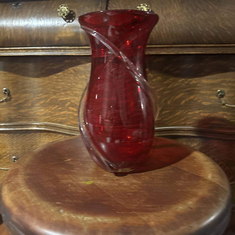 Vintage Teleflora Ruby Red Cased Glass Vase with Clear Swirl Ribbon – 9" Tall