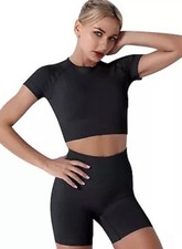 yoga Set Size small women Black Crop Shirt High Waisted Shorts tracksuit new