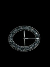 Vintage Oval Belt Buckle Embellished W/ Blue Black Beadwork. 1 Prong Fork