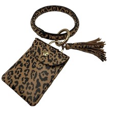 Leopard Keychain Brown Faux Leather Wristlet Bracelet Tassel Card Holder Gold