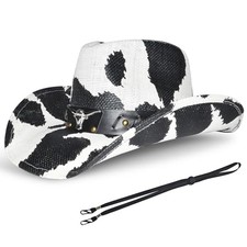 NB2GHYQJ Black Straw Cowboy Hat - Wide Brim Western, Size 22.04 Cow Pattern