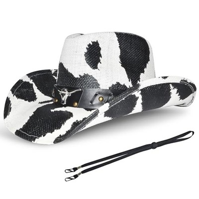 NB2GHYQJ Black Straw Cowboy Hat - Wide Brim Western, Size 22.04 Cow Pattern
