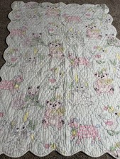 Vintage Baby Blanket Quilted Crib Quilt Pastel Cats Bunnies Nursery 80s 70s