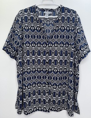 Catherines Womens Short Sleeve Button Up Top 3X Blue Geometric Boho Office Work