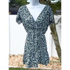 Zara Floral Ruched Mini Dress Blue Green V Neck Short Sleeve Size XS