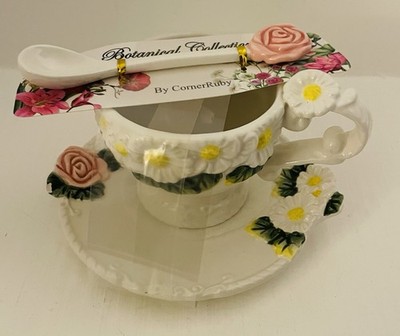 Garden Collection Corner Ruby White Daisy & Rose Tea Cup Saucer Spoon Flaw