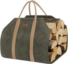 Sturdy Waxed Canvas Firewood Log Carrier, Durable Firepalce Wood Bag with Green