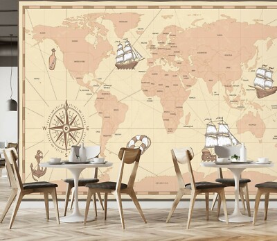3D Sailing Boat A601 World Map Wallpaper Wall Mural Removable Self-adhesive Amy