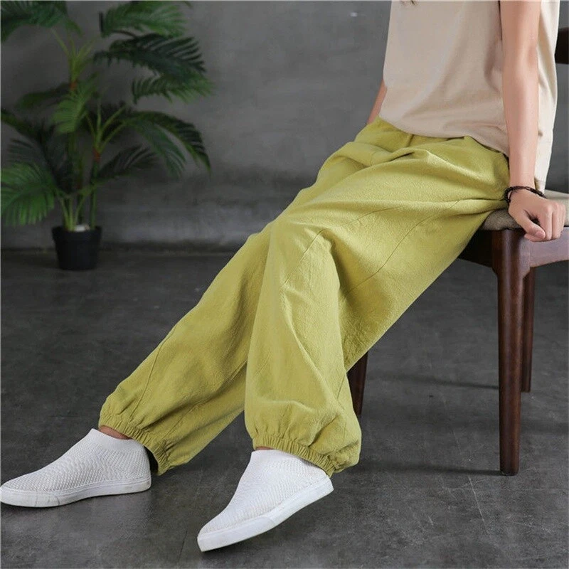 Lady Cotton Linen Pants Sweatpants Workout Jogger Loose Casual Wide Leg Trousers - Image 3 of 4