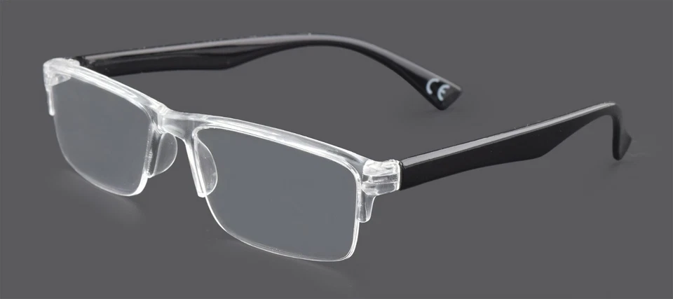 Trendy Mens Ladies Reading Glasses Cheap Crystal Black Semi Rimless +1.00-+3.50